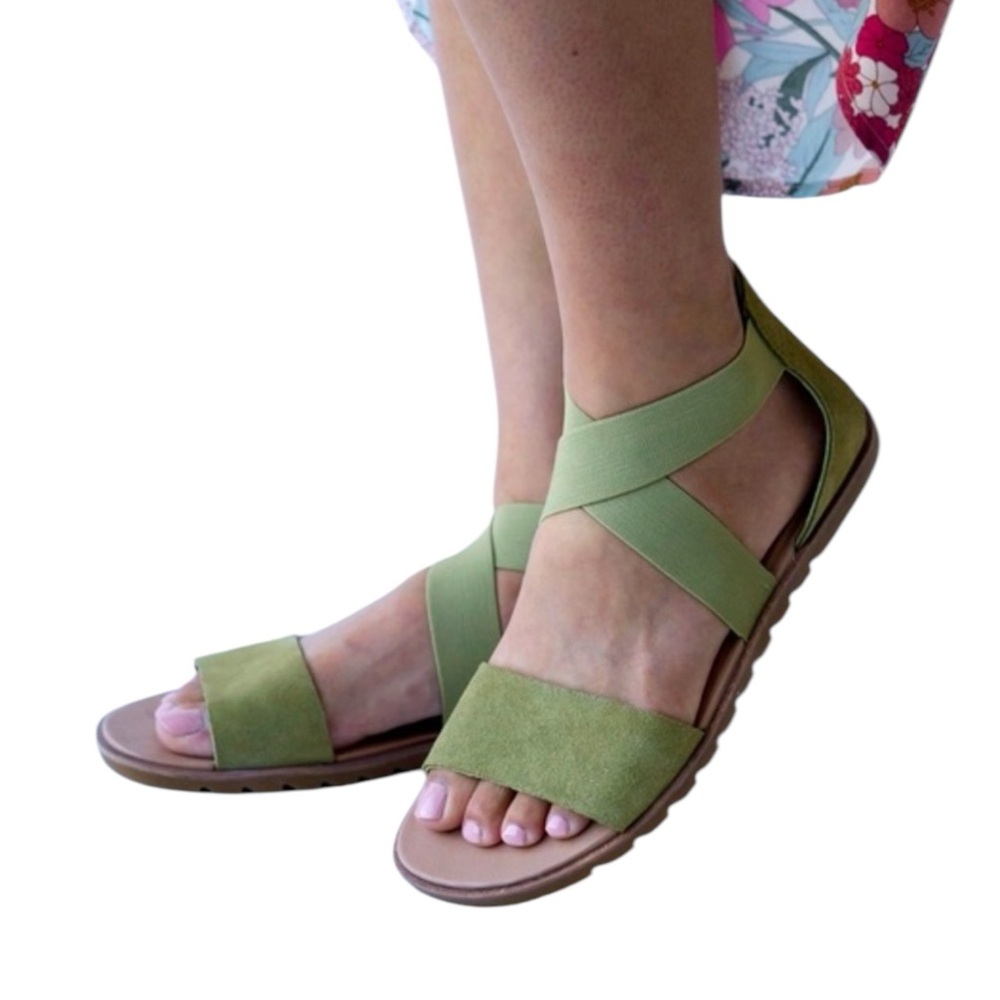 SOREL Ella II Olive Suede Leather Crisscross Sandals 8.5
